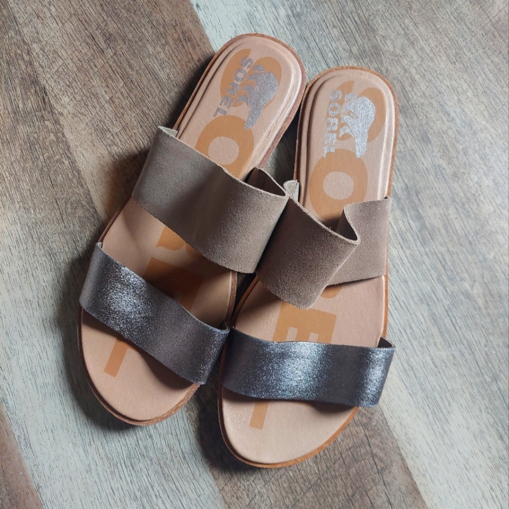 Sorel Women's Sandal Ella II Slide Light Brown Silver Strap Size 9.5 Comfy